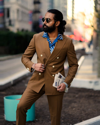 Southern Gents Camp Collar Shirt - Navy Palms and Tobacco Brown Double Breasted Suit