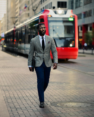 Southern Gents Grey + Green Plaid Blazer with Navy Trouser and Black Tassel Loafers. 